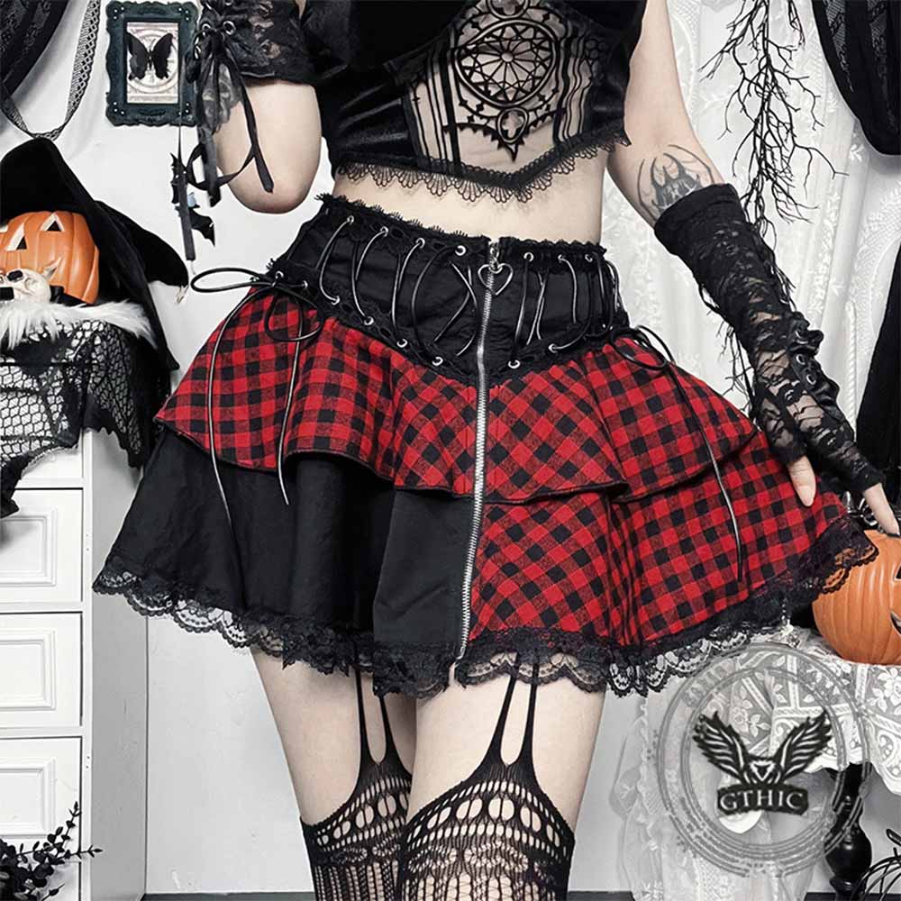 Fashion Plaid Patchwork Lace Trim Zipper Skirt – GTHIC