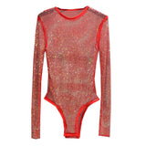 Fashion Shiny Rhinestone Fishnet See-Through Bodysuit