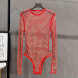 Fashion Shiny Rhinestone Fishnet See-Through Bodysuit