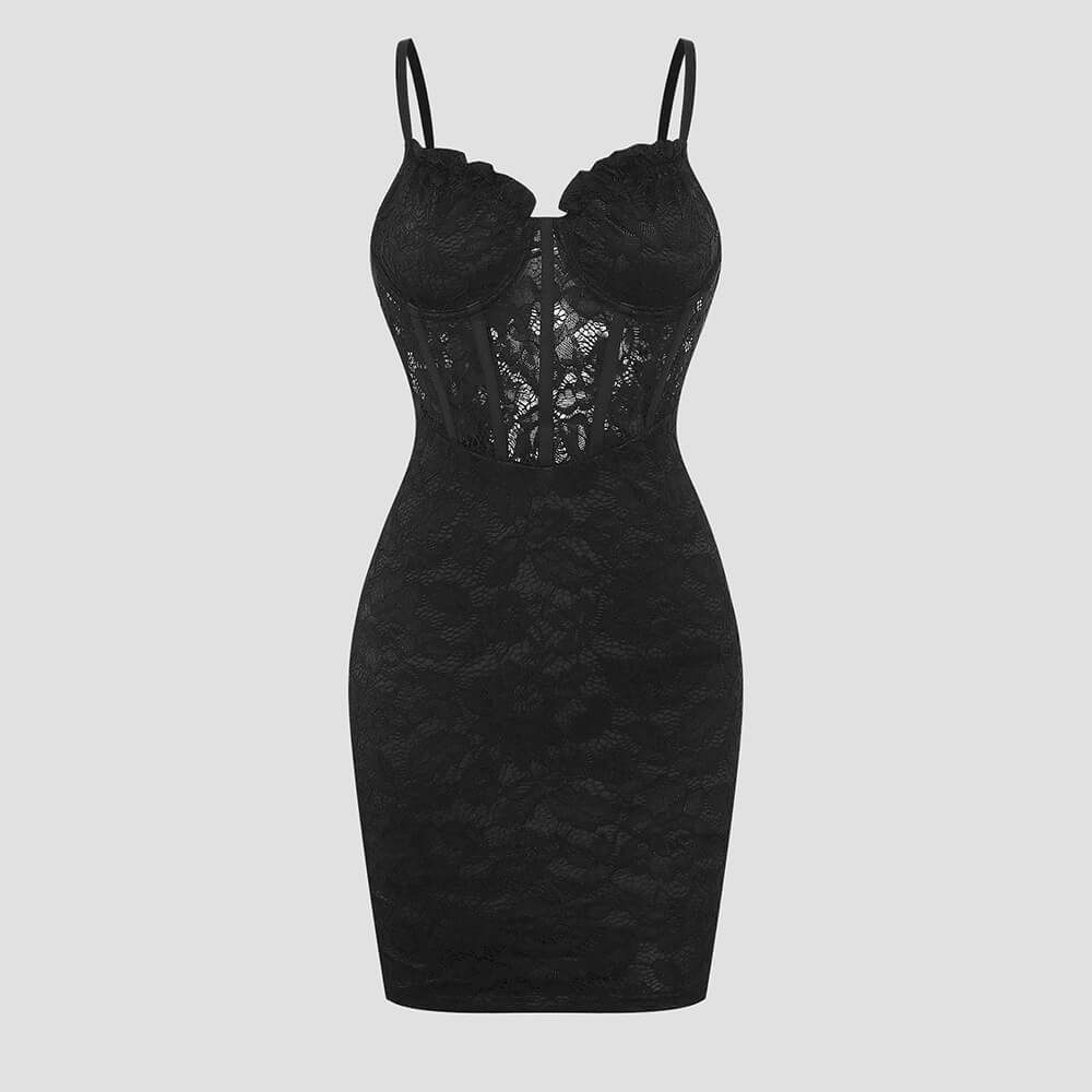 Fashion Solid Lace See-Through Suspender Dress