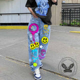 Fashion Street Graffiti Smiley Skull Print Wide-Leg Jeans 03 | Gthic.com