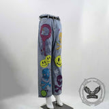 Fashion Street Graffiti Smiley Skull Print Wide-Leg Jeans