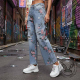 Fashion Y2K Floral Print Ripped Straight Jeans | Gthic.com