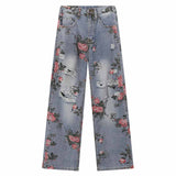 Fashion Y2K Floral Print Ripped Straight Jeans | Gthic.com
