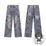 Fashion Y2K Floral Print Ripped Straight Jeans