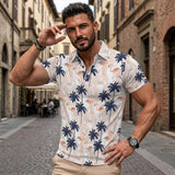 Flamingo Coconut Tree Print Short Sleeve Polo Shirt