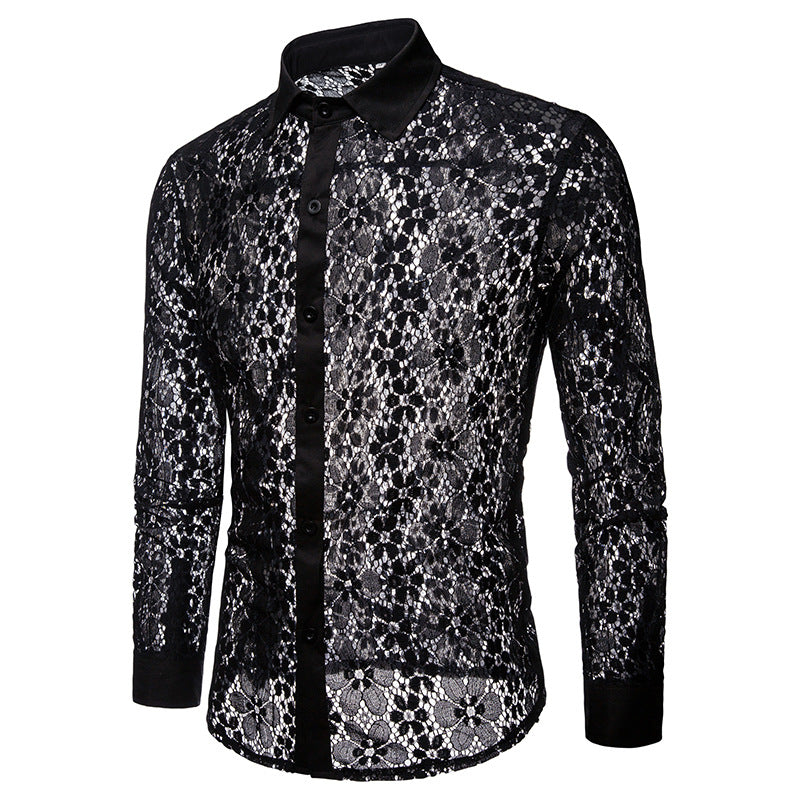 Floral Pattern Lace Lapel Men’s Shirt, Black / M (Bust 106 cm)