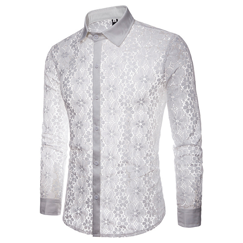 Floral Pattern Lace Lapel Mens Shirt, White / S (Bust 100 cm)