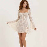 Floral Pattern Lace Tie Front Mini Dress | Gthic.com