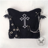 Gothic Bat Wings Cross Chain Black Cat Ear Knitted Hat | Gthic.com