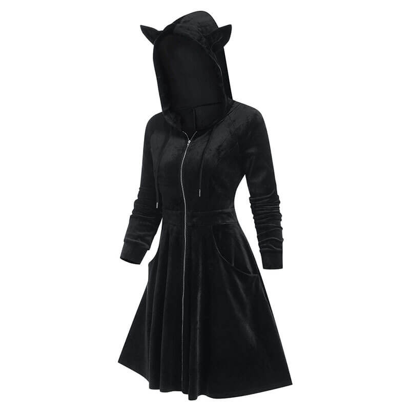 Gothic Black Devil Horn Hooded Dress, Black / S (Bust 96 cm) Gothic Black Devil Horn Hooded Dress, Black / S (Bust 96 cm)