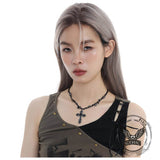 Gothic Black Gemstone Cross Alloy Clavicle Necklace | Gthic.com