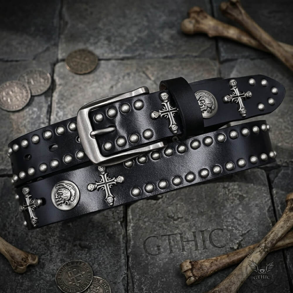 【archive】skull studs belt/Y2K/spider/十字架 EVERBLTING Skull Studded Belt Y2k Skull Belts Genuine Leather