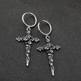 Gothic Forbidden Rose Cross Stainless Steel Hoop Earrings