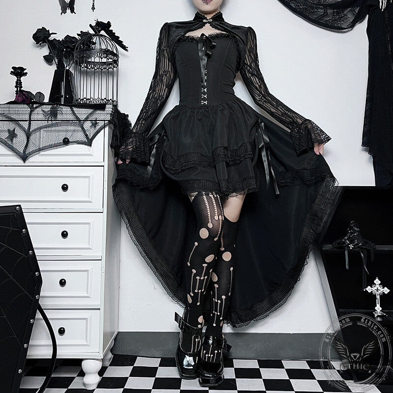Gothic Style Women Black High Waist Lace Up Corset Skirt Satin