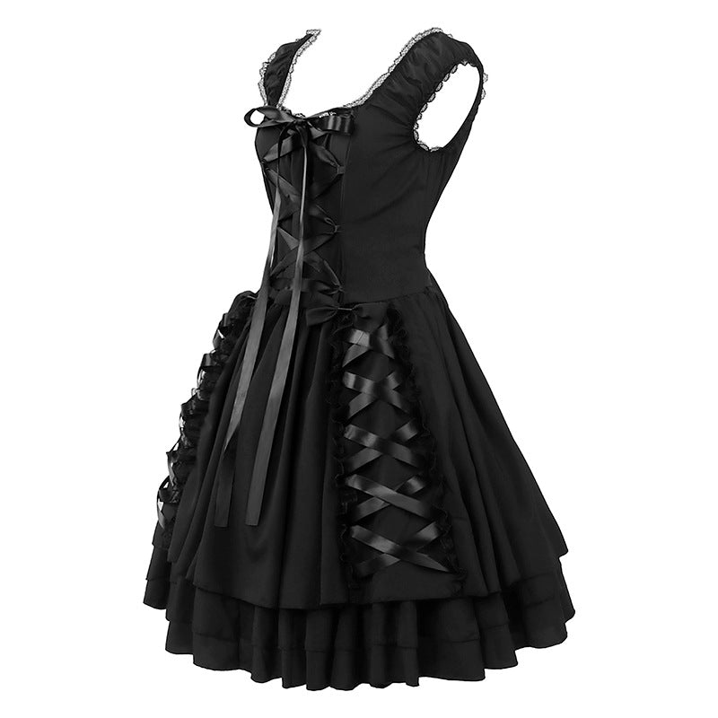Black Layered Lace-Up Sleeveless Lolita Dress GTHIC Black Layered Lace-Up Sleeveless Lolita Dress GTHIC