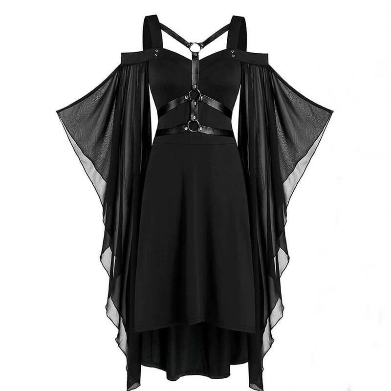 white goth dress Gothic Mesh Splicing Bat Sleeve Straps Dress, Black / 5XL (Bust 128 cm)
