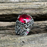Gothic Pattern Red Zircon Sterling Silver Ring | Gthic.com