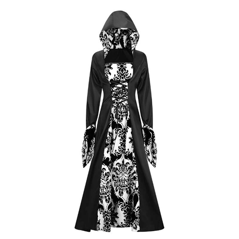 Gothic Print Palace Style Hooded Halloween Dress Costume, White / 3XL (Bust 118 cm)