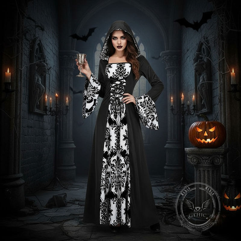 Gothic Print Palace Style Hooded Halloween Dress Costume Gothic Print Palace Style Hooded Halloween Dress Costume