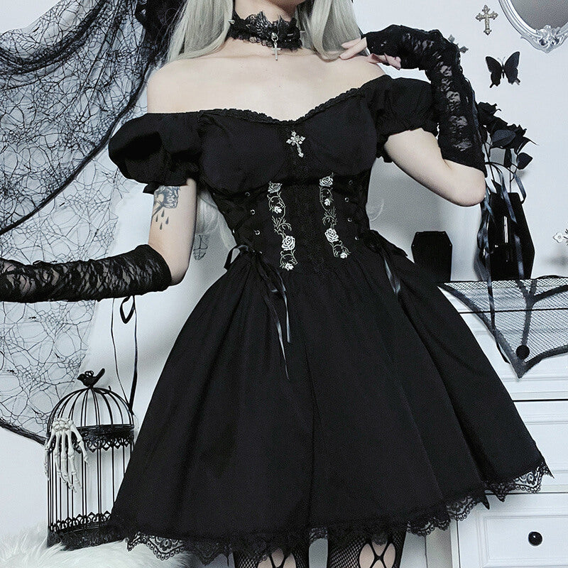Gothic Rose Embroidered Off Shoulder Dress GTHIC Gothic Rose Embroidered Off Shoulder Dress GTHIC