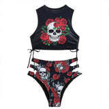 Traje de baño de una pieza de poliéster enjaulado con telaraña y estampado de murciélagos