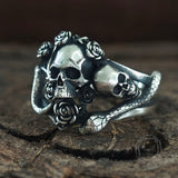 Gothic Rose Skull Snake Entwined Sterling Silver Ring
