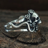 Gothic Rose Skull Snake Entwined Sterling Silver Ring