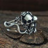 Gothic Rose Skull Snake Entwined Sterling Silver Ring | Gthic.com