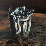 Gothic Rose Skull Snake Entwined Sterling Silver Ring