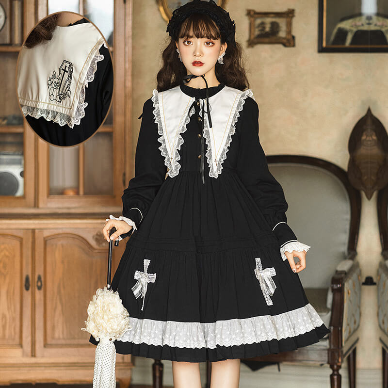 Gothic Ruffle Lace Cotton Lolita Dress, Cotton / XL (Bust 96 cm) - Made to order Gothic Ruffle Lace Cotton Lolita Dress, Cotton / XL (Bust 96 cm) - Made to order
