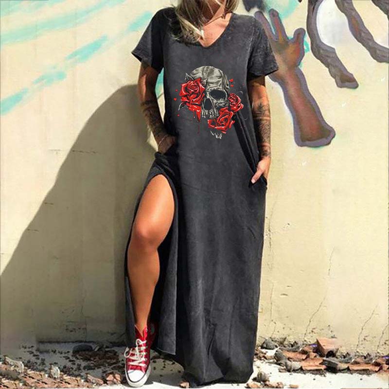 gothic t shirt dress Black Skull Crossbones Print T-Shirt Dress Women's Mini Dresses Regular Fit Round Neck Short Sleeve Knitted Fabric Casual Gothic Pirate Tun,XXL