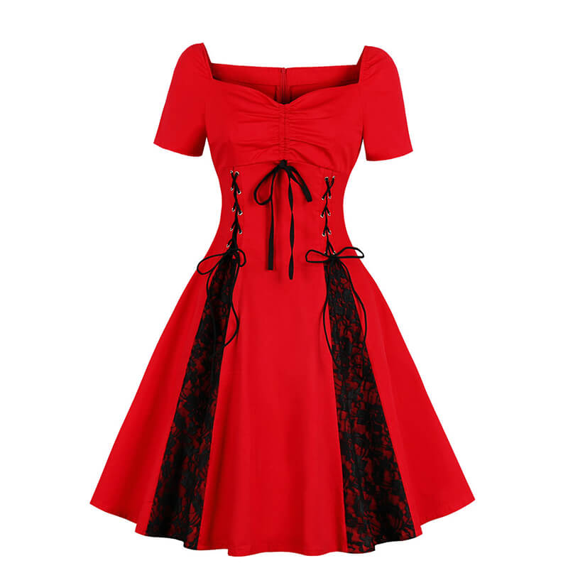 Gothic Solid Color Patchwork Lace Up Dress, Red / M (Bust 94 cm) Gothic Solid Color Patchwork Lace Up Dress, Red / M (Bust 94 cm)