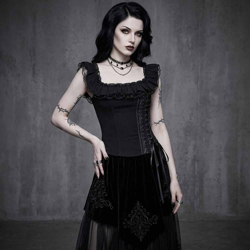 Gothic Street Lace-Up Corset Top Mini Skirt Set, Black / Top / S (Bust 74-86 cm)