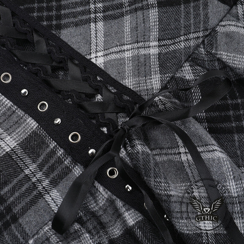 Gothic Style Black and Gray Plaid Lace Dress