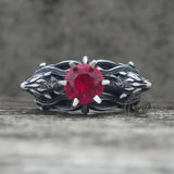 Gothic Tiger Heads Red Gem Sterling Silver Ring
