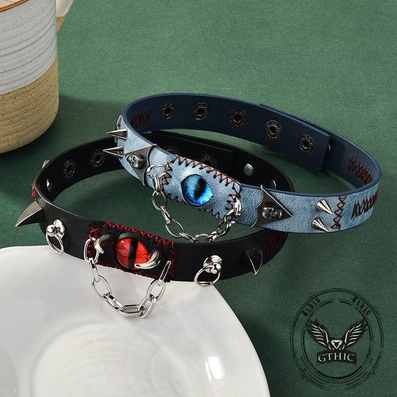 Gothic Y2K Gem Eye Skull Rivet Leather Choker Necklace – GTHIC