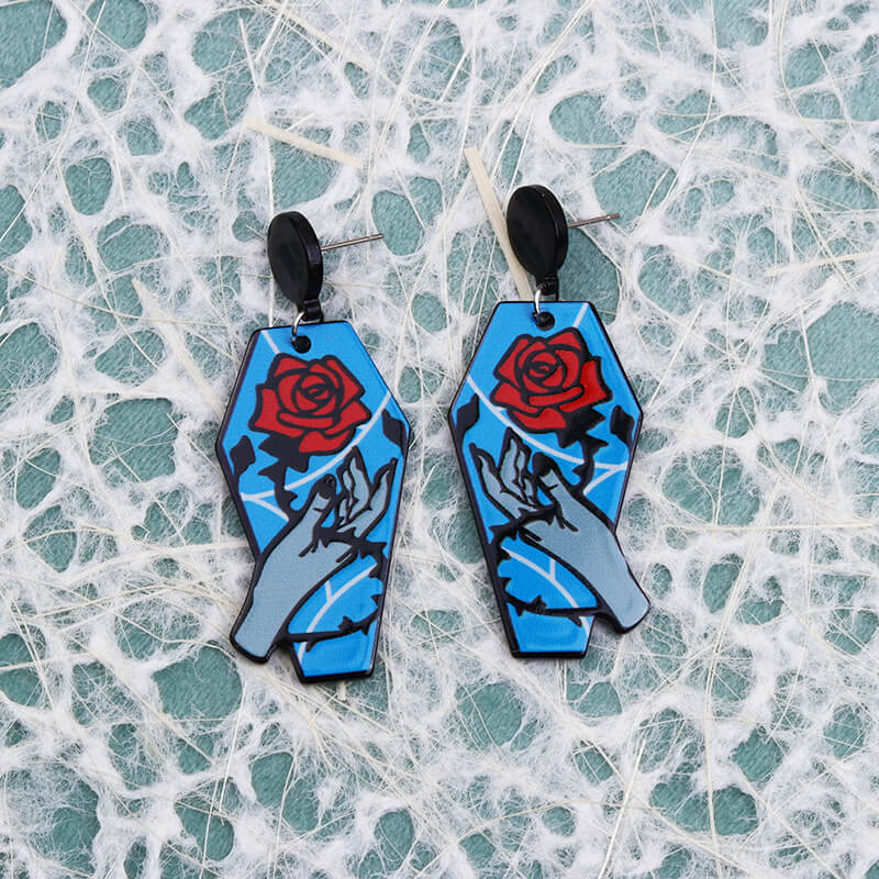 Coffin Hand Rose Earrings