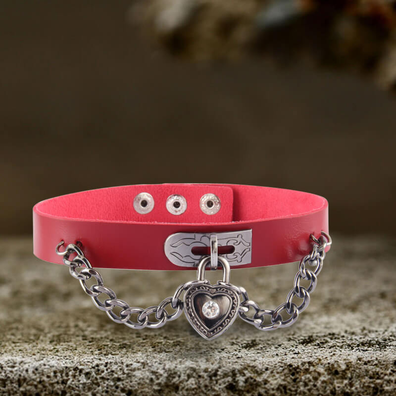 Heart Lock Alloy Leather Choker Necklace, Alloy / Red