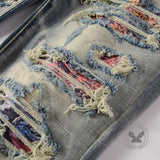 High-Street Distressed Patches Slim-Fit Stretch Jeans