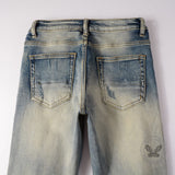 High-Street Distressed Patches Slim-Fit Stretch Jeans