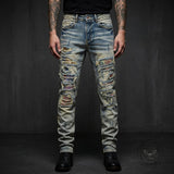 High-Street Distressed Patches Slim-Fit Stretch Jeans | Gthic.com