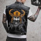 Horned Viking Warrior Print Lapel Denim Vest 01 | Gthic.com