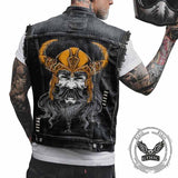 Horned Viking Warrior Print Lapel Denim Vest