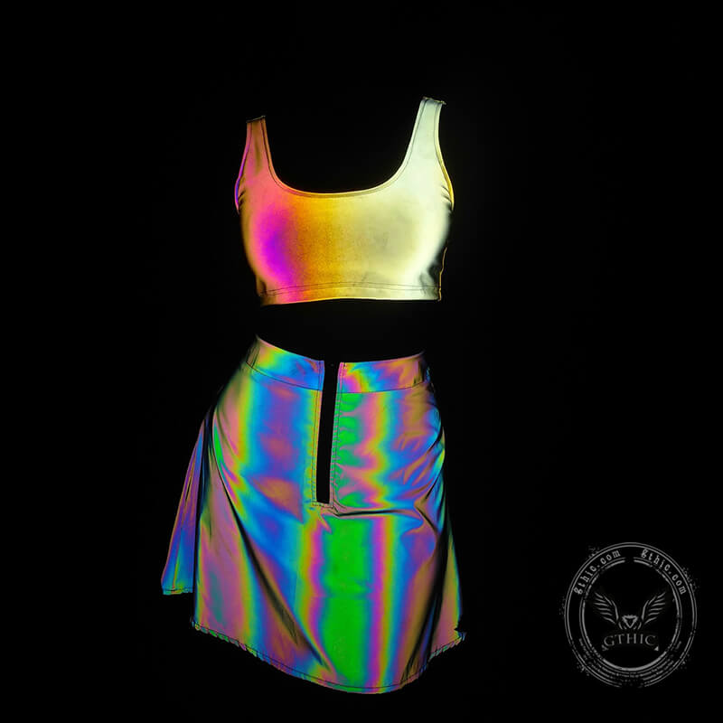Reflective Crop Top With Hooded Reflective Skirt Holographic Rave Two  Pieces Rave Outfits