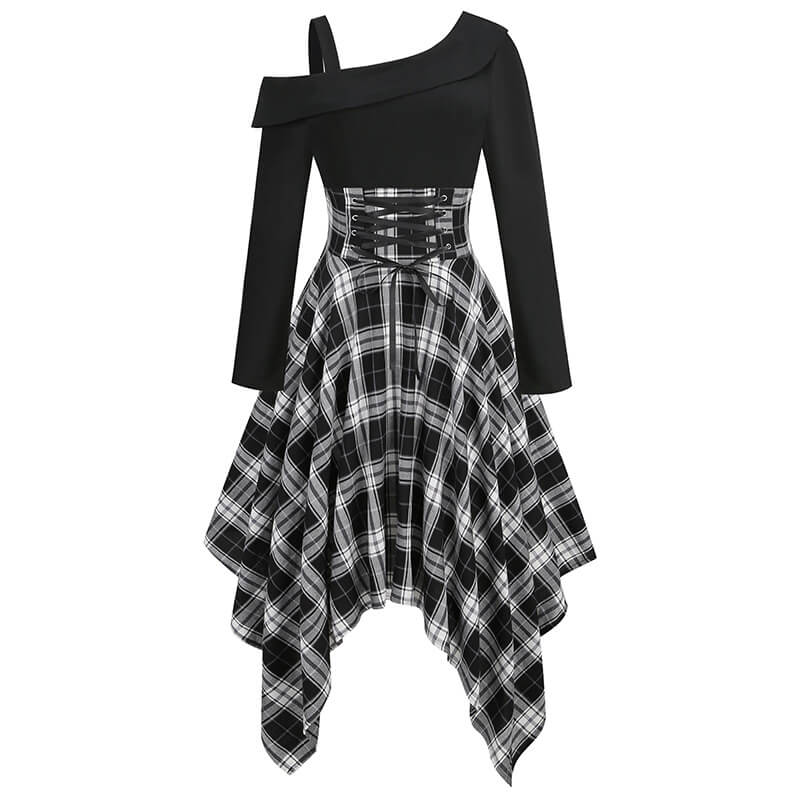 Irregular Plaid Lace Up One Shoulder Dress GTHIC Irregular Plaid Lace Up One Shoulder Dress GTHIC