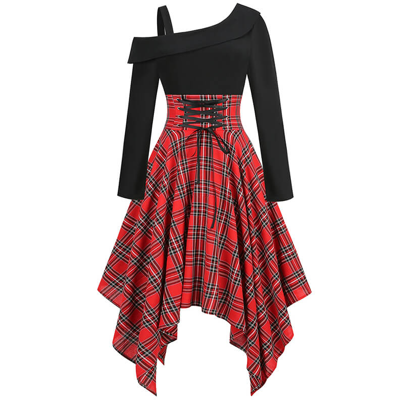 Irregular Plaid Lace Up One Shoulder Dress GTHIC Irregular Plaid Lace Up One Shoulder Dress GTHIC