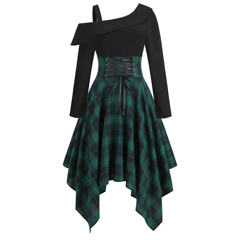Irregular Plaid Lace Up One Shoulder Dress, Green / 2XL (Bust 106cm) Irregular Plaid Lace Up One Shoulder Dress, Green / 2XL (Bust 106cm)