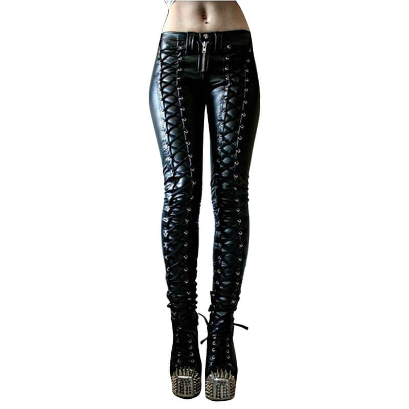 Punk Lace-up Studded Skinny PU Leather Pants – GTHIC