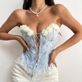 Lace Flower Stitching Tie-Strap Embroidered Fishbone Top | Gthic.com